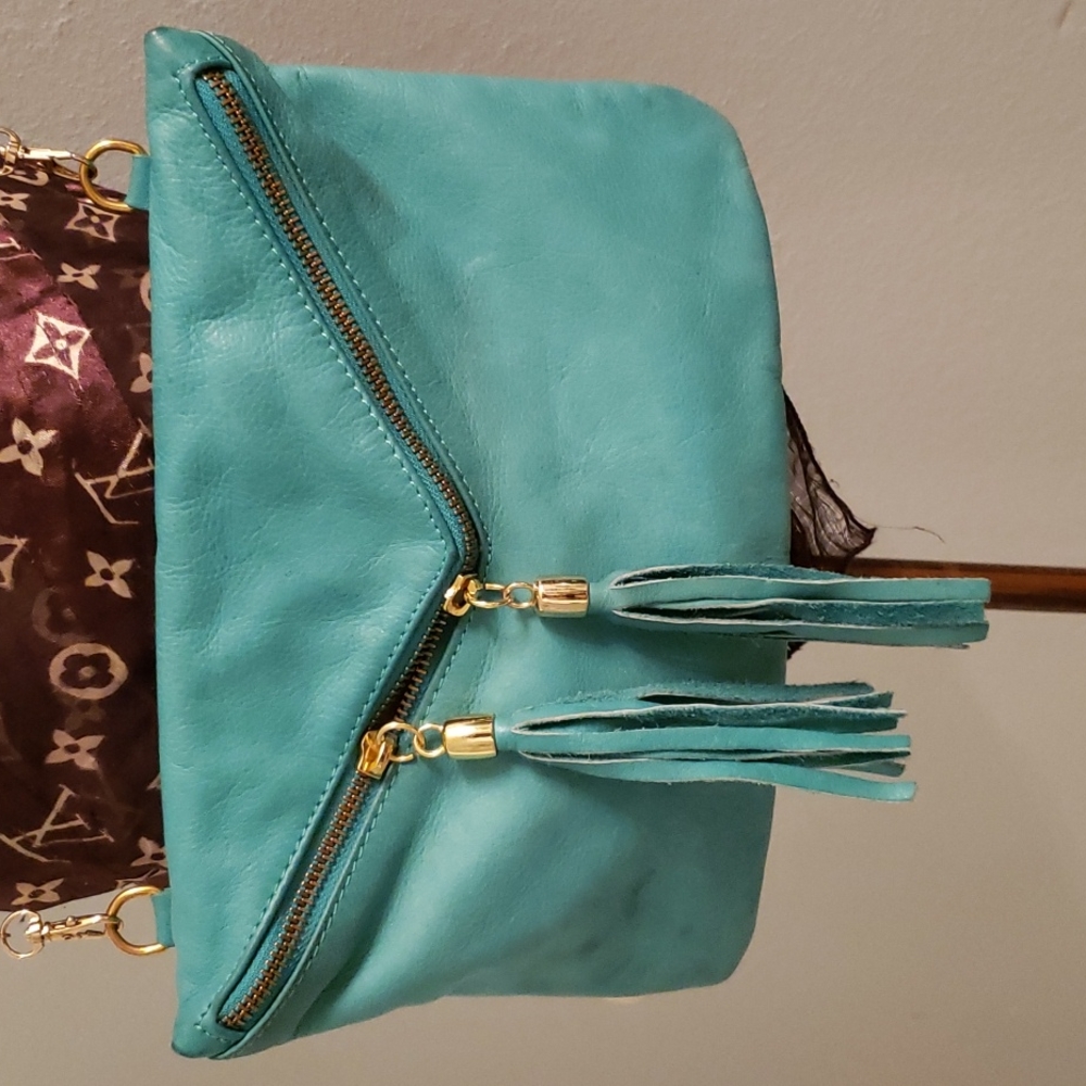 Turquoise Leather Envelope Clutch